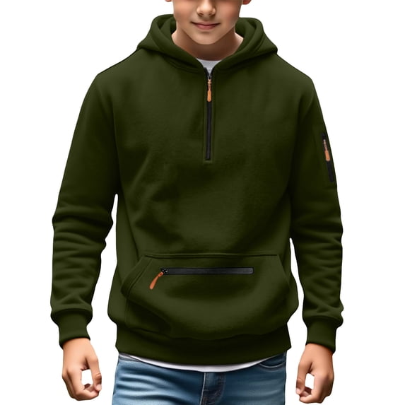 BLVB Boys Quarter Zip Hoodies Kids Long Sleeve Hooded Sweatshirt Teens Pullover Tops Fall Clothes with Pocket(Army Green,7-8 Years)
