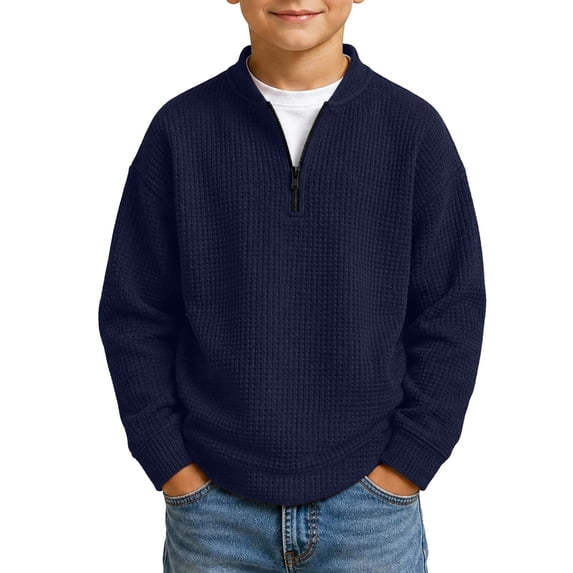 BLVB Boys Quarter Zip Sweatshirts Kids Fashion Clothes Long Sleeve V Neck Waffle Knit Pullover Tops(Navy,11-12 Years)