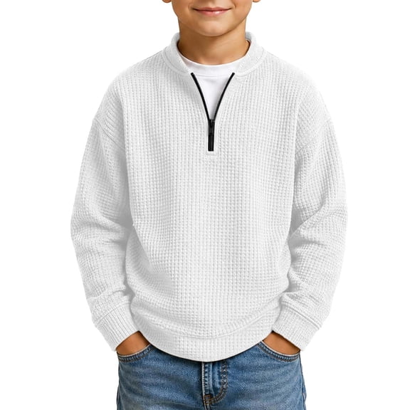 BLVB Boys Quarter Zip Sweatshirts Kids Fashion Clothes Long Sleeve V Neck Waffle Knit Pullover Tops(White,13-14 Years)