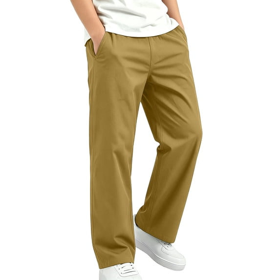 BLVB Boys School Uniform Chino Pants Lightweight Straight Leg Elastic Waist Dress Pants with Pockets Loose Twill Clothes(Yellow,14-15 Years)