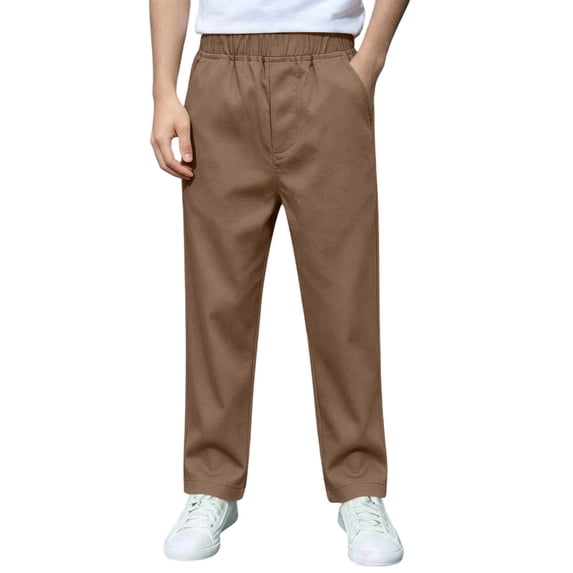 BLVB Boys School Uniform Pants Pull-On Kid Dress Pants Elastic Waist Straight Leg Pants with Pockets(Brown,12-13 Years)