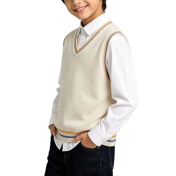 BLVB Boys Sweater Vest School Uniform Sleeveless V Neck Sweaters 5-15 Years Soft Knitwear Pullover(Beige,5-6 Years)