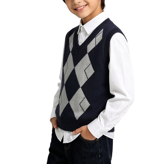 BLVB Boys Sweater Vest School Uniform Sleeveless V Neck Sweaters 5-15 Years Soft Knitwear Pullover(Navy-02,14-15 Years)