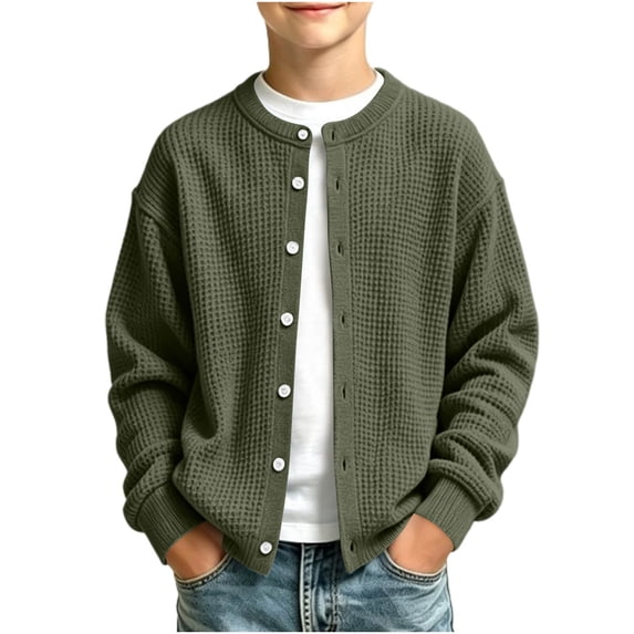 BLVB Boys Waffle Knit Cardigan Button down Sweaters Casual Crewneck Outerwear Fall Fashion Clothes 5-16 Years(Army Green,9-10 Years)
