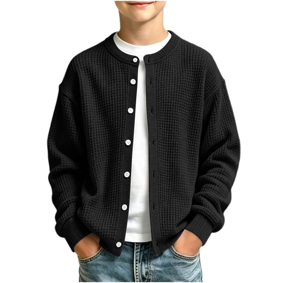 BLVB Boys Waffle Knit Cardigan Button down Sweaters Casual Crewneck Outerwear Fall Fashion Clothes 5-16 Years(Black,5-6 Years)