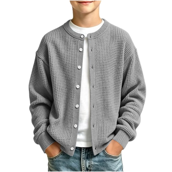 BLVB Boys Waffle Knit Cardigan Button down Sweaters Casual Crewneck Outerwear Fall Fashion Clothes 5-16 Years(Gray,5-6 Years)