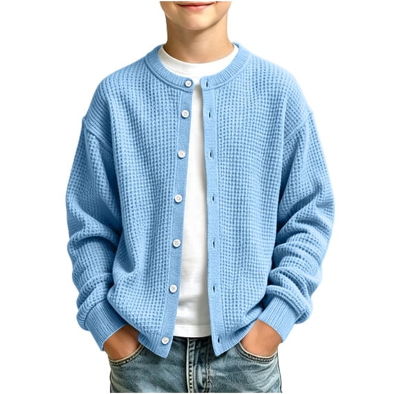 BLVB Boys Waffle Knit Cardigan Button down Sweaters Casual Crewneck Outerwear Fall Fashion Clothes 5-16 Years(Light Blue,9-10 Years)