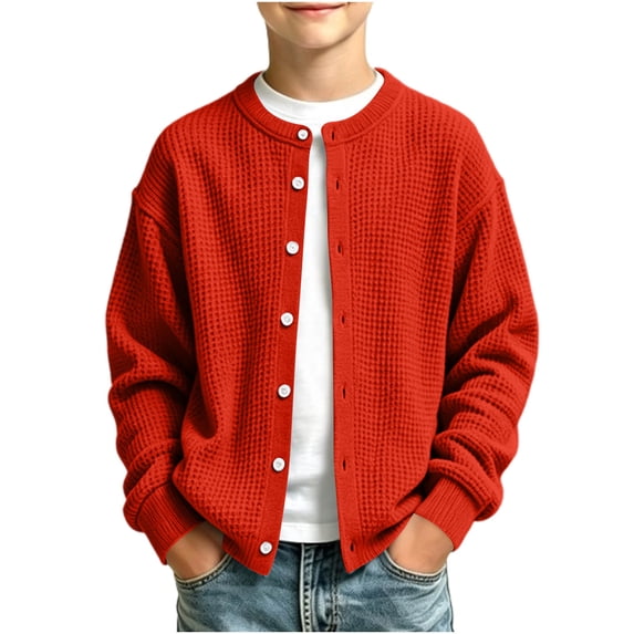 BLVB Boys Waffle Knit Cardigan Button down Sweaters Casual Crewneck Outerwear Fall Fashion Clothes 5-16 Years(Red,7-8 Years)
