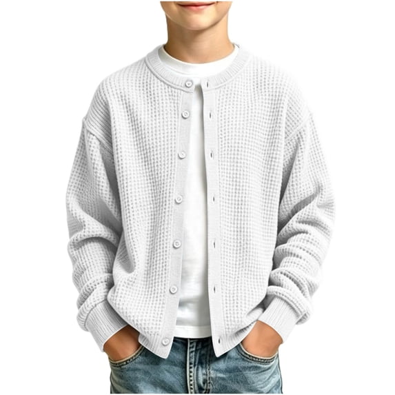 BLVB Boys Waffle Knit Cardigan Button down Sweaters Casual Crewneck Outerwear Fall Fashion Clothes 5-16 Years(White,15-16 Years)