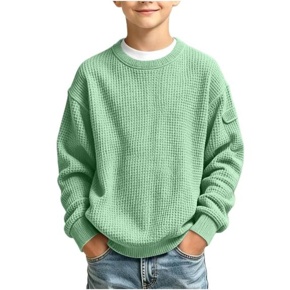 BLVB Boys Waffle Knit Sweatshirt Kids Long Sleeve Crewneck Pullover Solid Color Teen Boy Fall Winter Clothes(Green,9-10 Years)