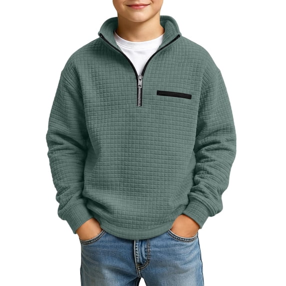 BLVB Boys Waffle Textured Quarter Zip Sweatshirts Fashion Long Sleeve Pullover Tops Kids Trendy Athletic Casual Outfits(Green,9-10 Years)