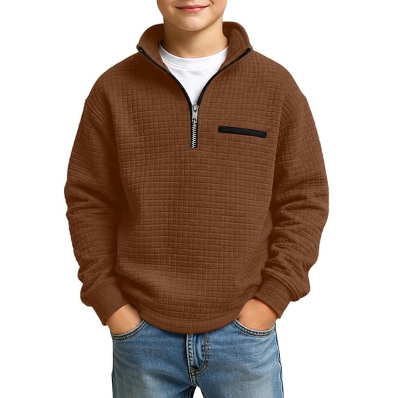 BLVB Boys Waffle Textured Quarter Zip Sweatshirts Fashion Long Sleeve Pullover Tops Kids Trendy Athletic Casual Outfits(Khaki,3-4 Years)