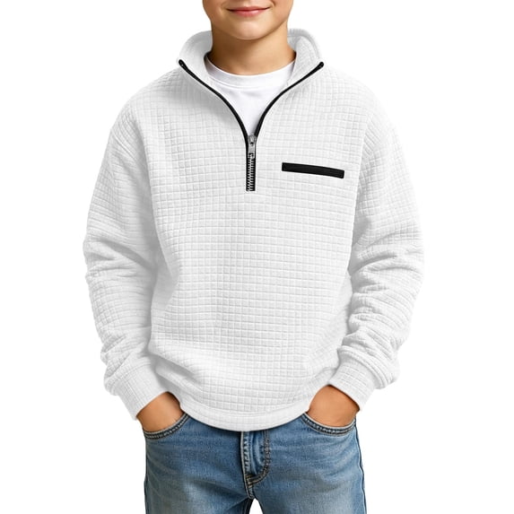 BLVB Boys Waffle Textured Quarter Zip Sweatshirts Fashion Long Sleeve Pullover Tops Kids Trendy Athletic Casual Outfits(White,13-14 Years)