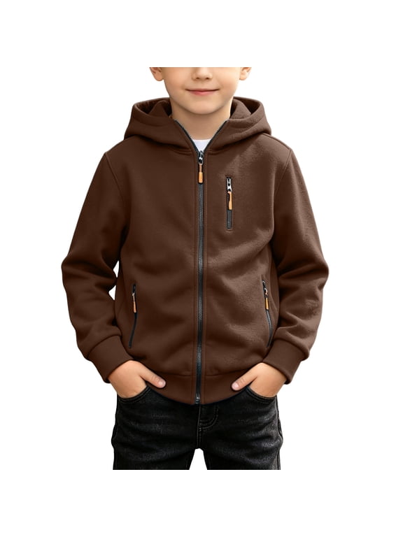 Boys Zip up Hoodie Solid Long Sleeve Hooded Jackets Fall Winter Clothes Lightweight Casual Loose Kids Sweatshirts(Brown,14-15 Years)