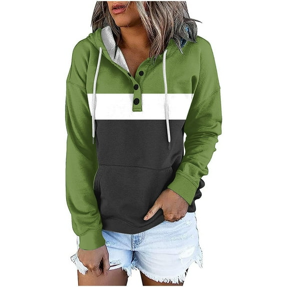 BLVB Button Collar Sweatshirts for Women Drawstring Hoodies Long Sleeve Casual Loose Fall Pullover with Pocket