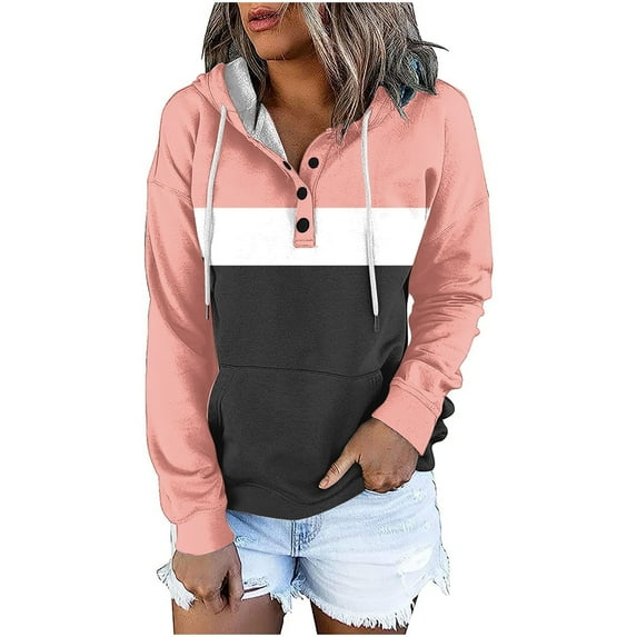 BLVB Button Collar Sweatshirts for Women Drawstring Hoodies Long Sleeve Casual Loose Fall Pullover with Pocket