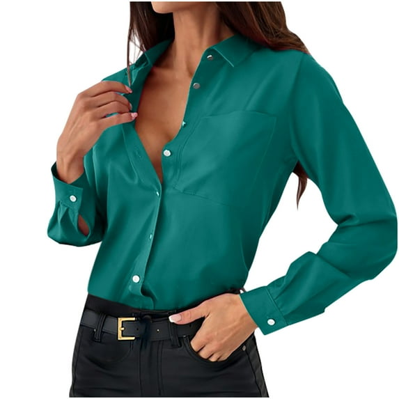 BLVB Button Down Shirts for Women Solid Color Long Sleeve Collared Tops Casual Work Office Blouses Tunics Chest Pocketed