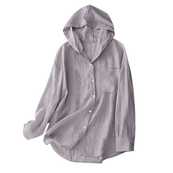 BLVB Button down Shirt for Women Beach Cover up Long Sleeve Cotton Linen Hooded Tops Fall Fashion Clothes
