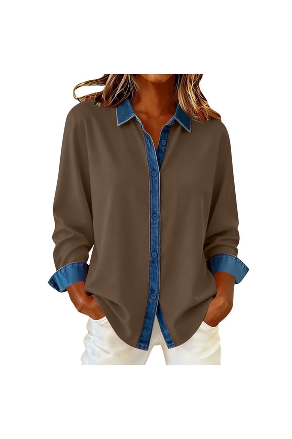 Button down Shirt for Women Fashion Denim Patchwork Lapel Tops Loose Long Sleeve Western Shirts Streetwear