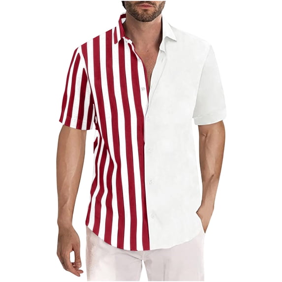 BLVB Button down Shirts for Men Stripe Patchwork Short Sleeve Tops Casual Summer Beach Vacation Tees