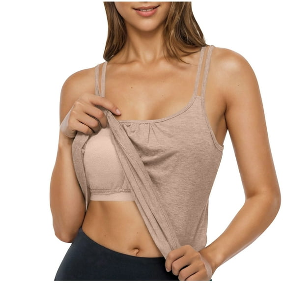 BLVB Camisole Top for Women Built in Bras Summer Double Spaghetti Strap Tank Top Scoop Neck Tops Loose Fit Cami Shirt