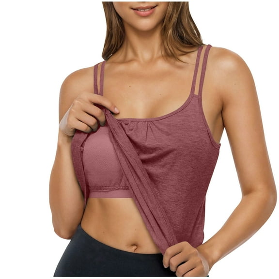 BLVB Camisole Top for Women Built in Bras Summer Double Spaghetti Strap Tank Top Scoop Neck Tops Loose Fit Cami Shirt