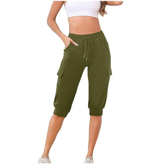 BLVB Capri Cargo Jogger Pants for Women Soft Casual Drawstrings Waist Sweatpants Workout Running Trousers with Pockets