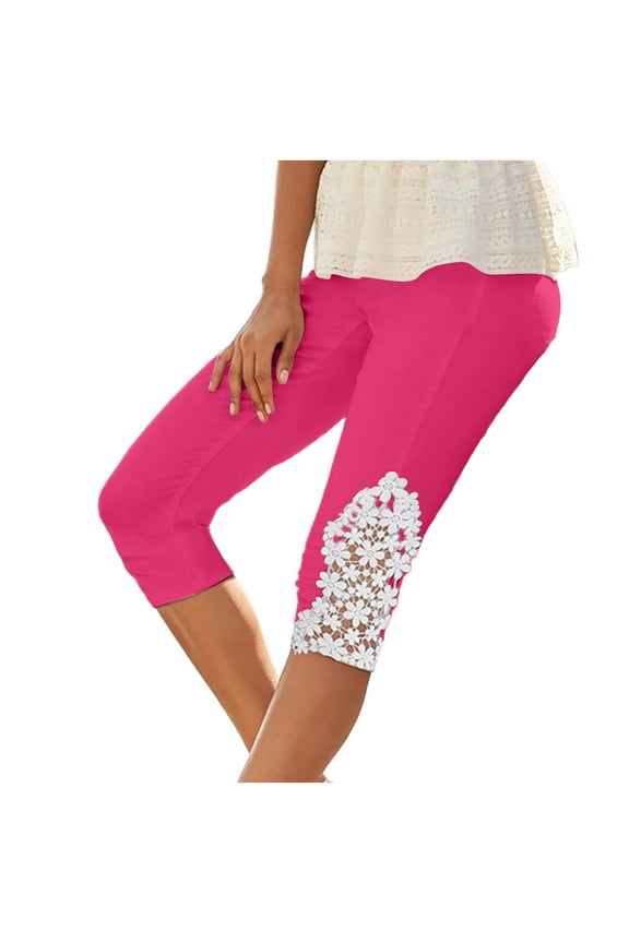 Capri Leggings for Women High Waist Floral Lace Hollow out Cropped Pants Summer Casual Comfy Tights Beach Vacation Clothes