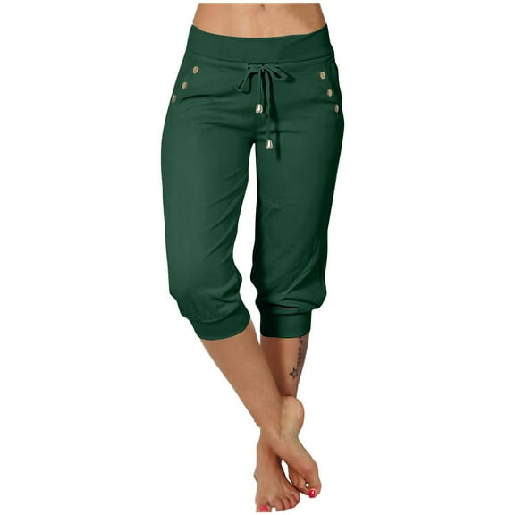 BLVB Capri Pants for Women Drawstring Low Rise Button Workout Sweatpants Cropped Lounge Joggers Comfy Yoga Pants with Pockets