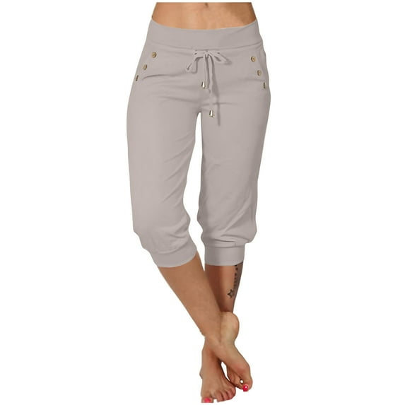 BLVB Capri Pants for Women Drawstring Low Rise Button Workout Sweatpants Cropped Lounge Joggers Comfy Yoga Pants with Pockets