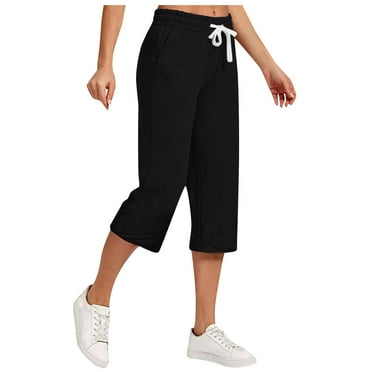 BLVB Capri Pants for Women Drawstring Waist Loose Capris Casual Cotton Linen Cropped Trousers with Pockets