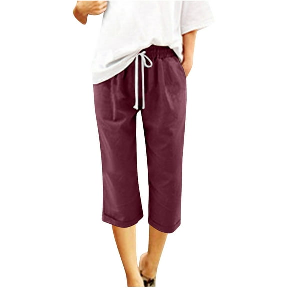 BLVB Capri Pants for Women Elastic Waist Casual Summer Capris Loose Solid Color Cropped Trousers with Pockets