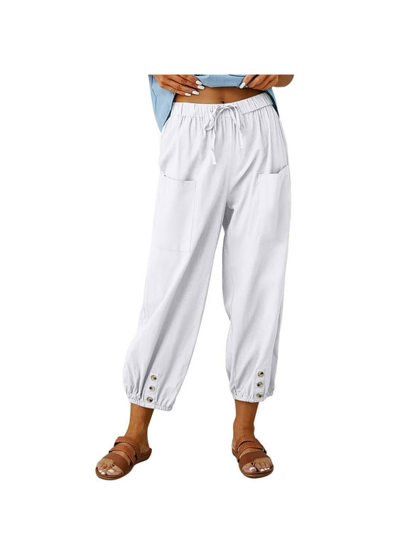 Womens Cotton Linen Cropped Pants Elastic Waist Drawstring Wide Leg Pants Casual Baggy Lounge Trousers with Pockets