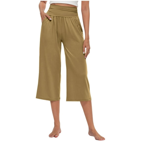 BLVB Capri Pants for Women High Waist Wide Leg Yoga Cropped Pants with Pockets Loose Casual Summer Capris Trousers