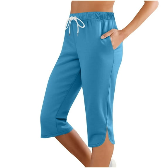 BLVB Capri Pants for Women Loose Side Slit Capri Pants Wide Leg Yoga Pants Cropped Workout Capris Pull on with Pockets