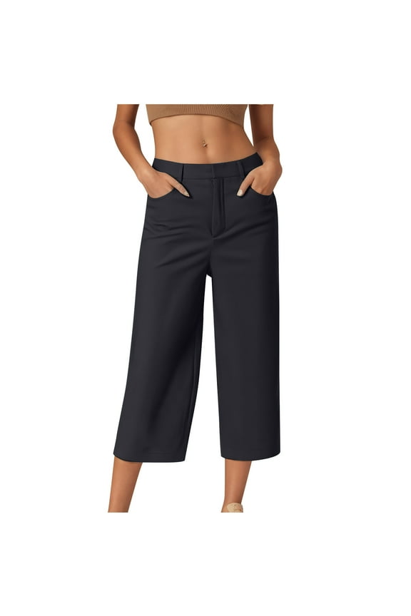Capri Pants for Women Mid Waisted Pull on Dress Pants Straight Leg Stretchy Capris Trousers Pants for Office Work