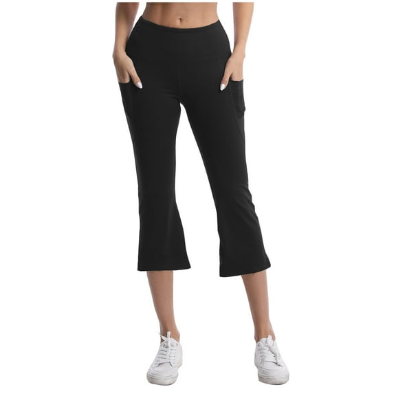 BLVB Capris Pants for Women Yoga Flare Elastic Waist Bootcut Capris Stretch Casual Workout Leggings with Pockets