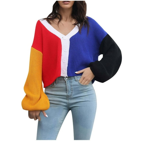 BLVB Cardigan Sweaters for Women Long Sleeve Color Block Knit Open Front V Neck Button up Lightweight Tops Outwear