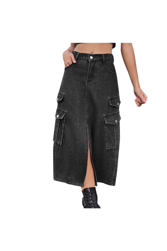 Cargo Maxi Skirts for Women High Waisted Front Slit Casual Solid Color Long Skirts with Pockets Streetwear