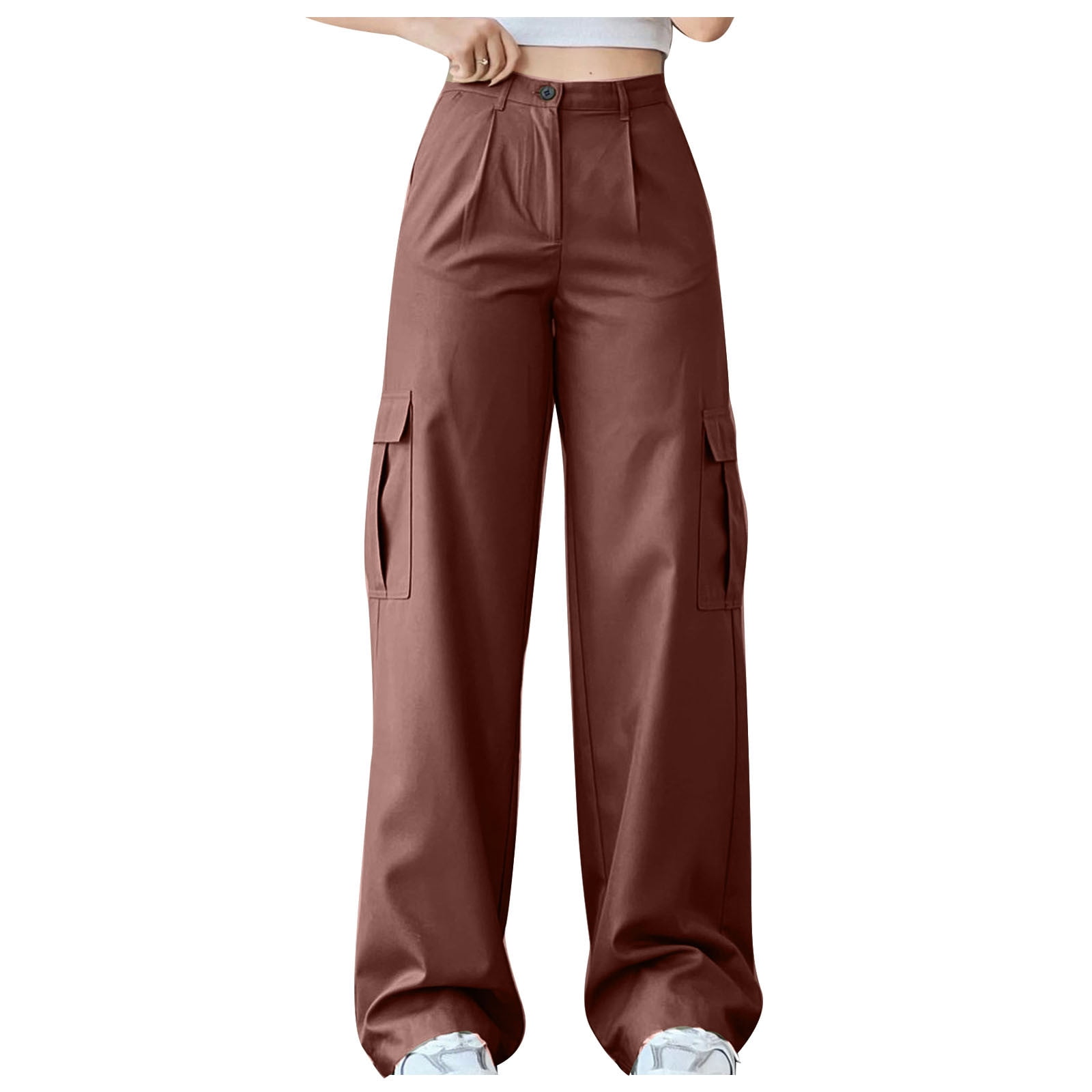 Women's High Waisted Zipper Pocket Shirred Straight Leg Work Pants