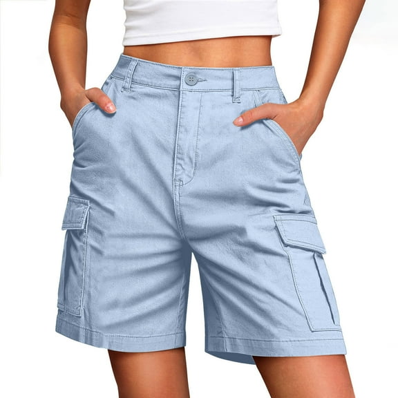 BLVB Cargo Shorts Women Bermuda Knee Length Long Hiking Shorts with Pockets High Waist for Summer Casual Trendy Outfits