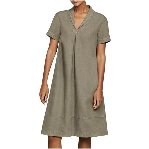 BLVB Casual Dresses for Women Solid Color V Neck Loose T Shirts Dress Short Sleeve Cotton Linen Knee Length Dress