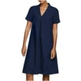 thumbnail image 1 of BLVB Casual Dresses for Women 2024 Solid Color V Neck Loose T Shirts Dress Short Sleeve Cotton Linen Knee Length Dress, 1 of 6