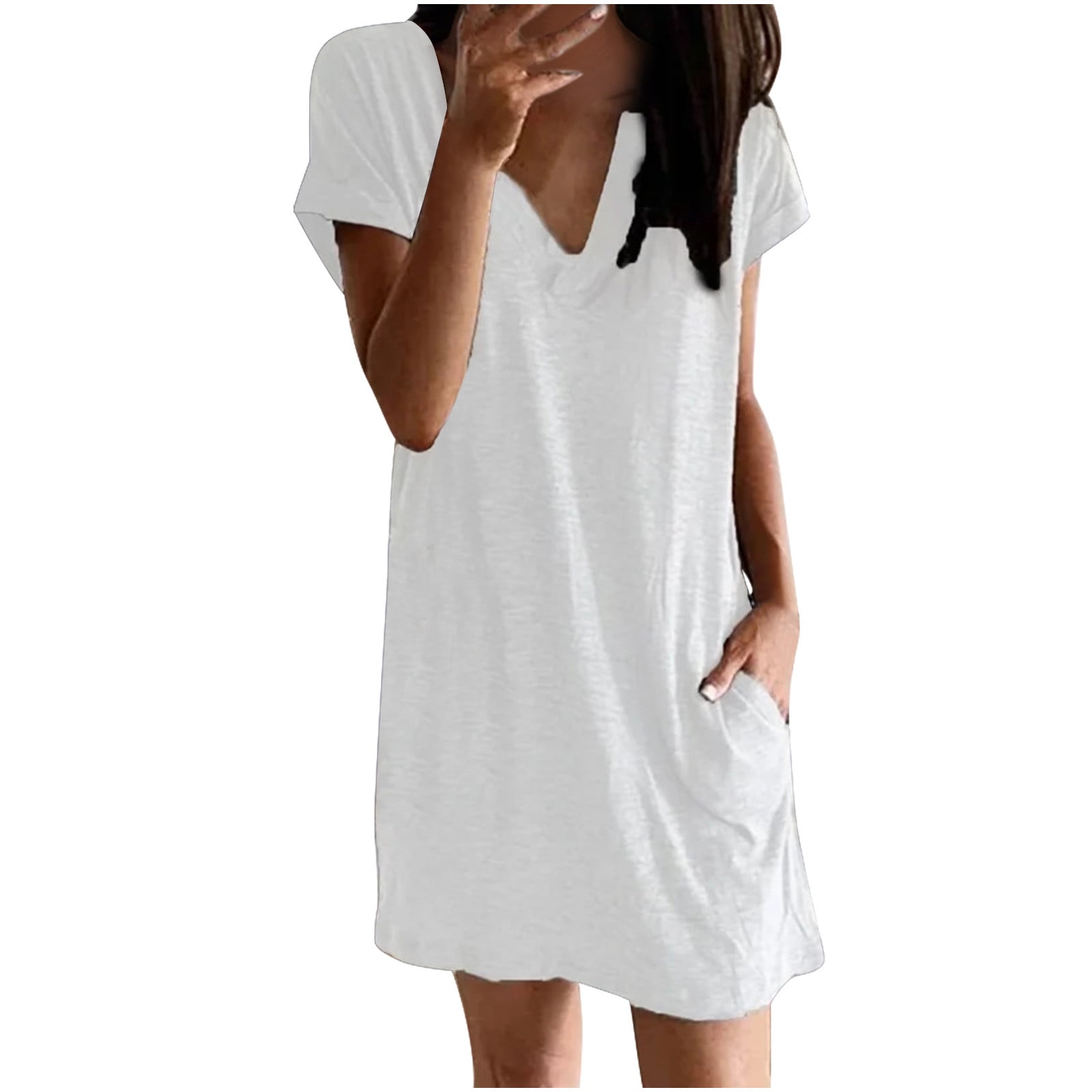 BLVB Casual Dresses for Women V Neck Plain Loose Summer Short Sleeve T ...