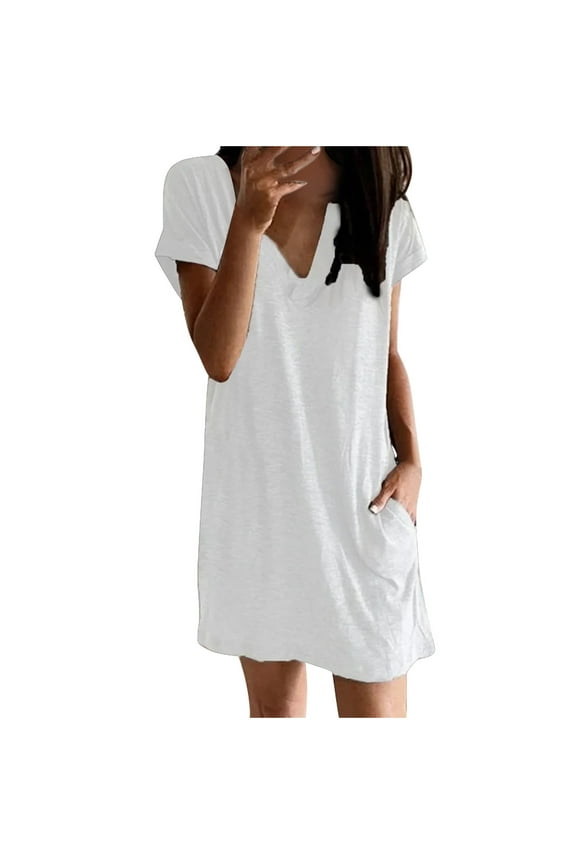 Casual Dresses for Women V Neck Plain Loose Summer Short Sleeve T Shirts Dress Short Lounge Dress with Pockets