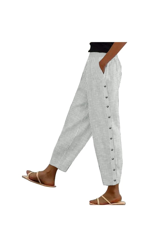 Casual Pants for Women Side Button Trendy Pants Baggy Elastic Waist Straight Leg Comfort Trousers with Pocket
