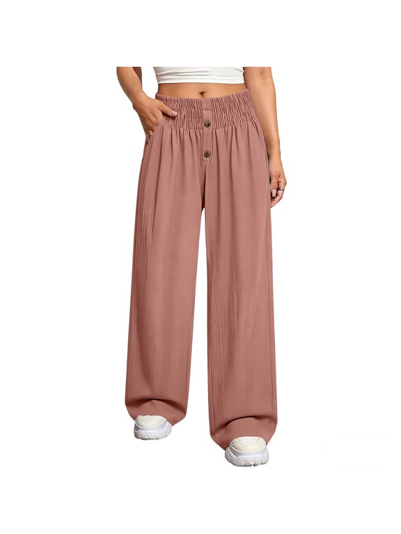 Casual Pants for Women Wide Leg Smocked High Waisted Button Loose Summer Beach Vacation Palazzo Pants