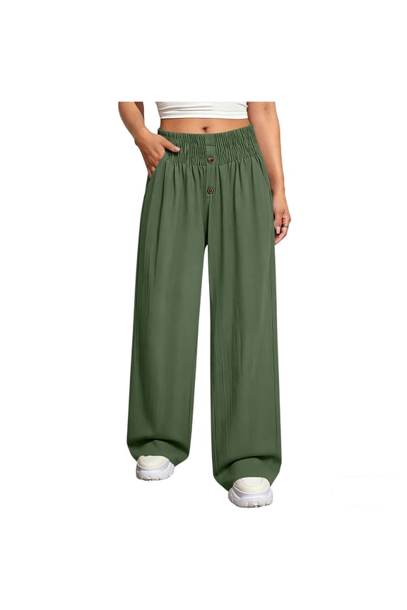 Casual Pants for Women Wide Leg Smocked High Waisted Button Loose Summer Beach Vacation Palazzo Pants