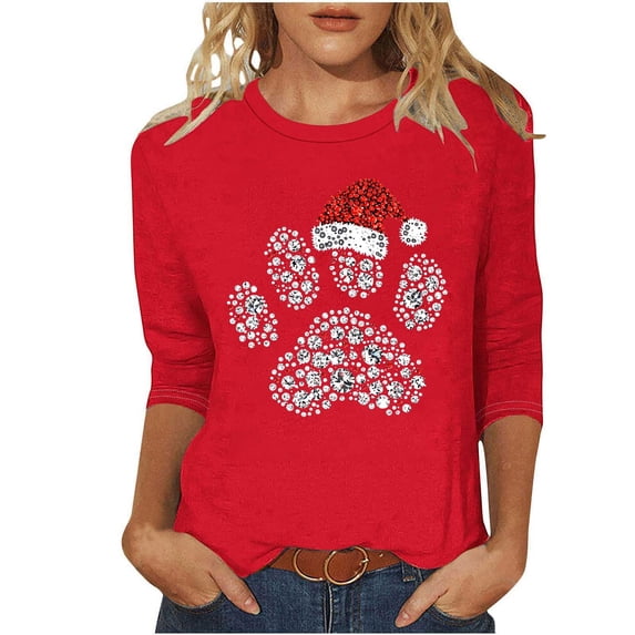 BLVB Christmas 3/4 Sleeve Shirt for Women Crewneck Graphic Tee Winter Holiday Family Party Matching Tops Blouse