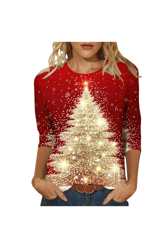 Christmas 3/4 Sleeve Shirt for Women Crewneck Graphic Tee Winter Holiday Family Party Matching Tops Blouse